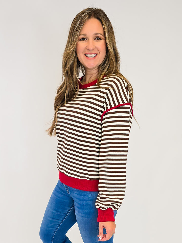 STRIPED JERSEY PULLOVER - RED BROWN