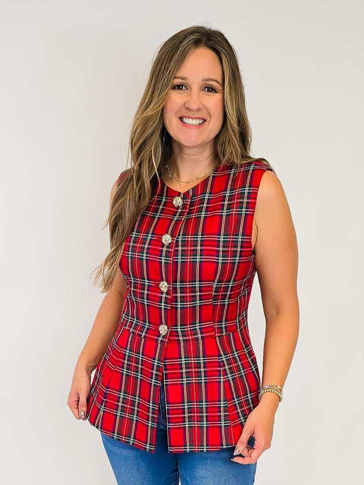 PLAID SLEEVELESS VEST - RED