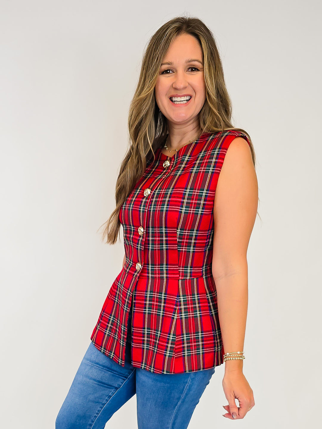 PLAID SLEEVELESS VEST - RED