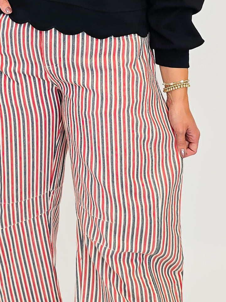 MINERAL WASH STRIPED BARREL LEG JEANS - ROUGE SAIL