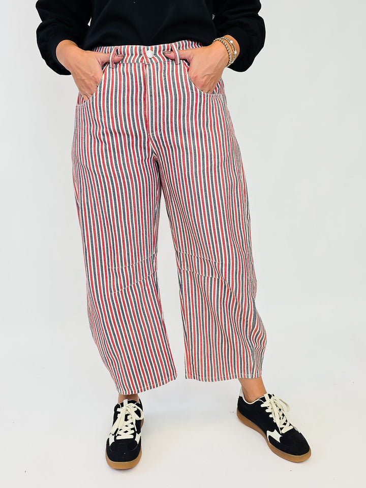 MINERAL WASH STRIPED BARREL LEG JEANS - ROUGE SAIL