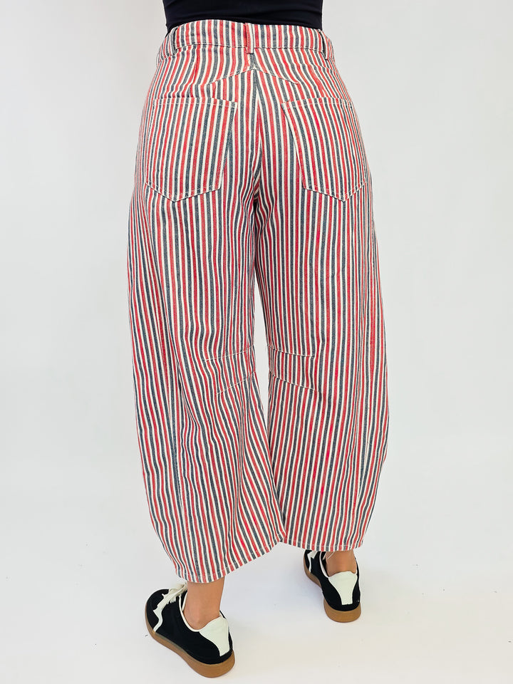 MINERAL WASH STRIPED BARREL LEG JEANS - ROUGE SAIL