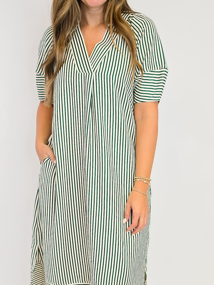 STRIPED TEXTURED MIDI DRESS - HEATHER GREEN