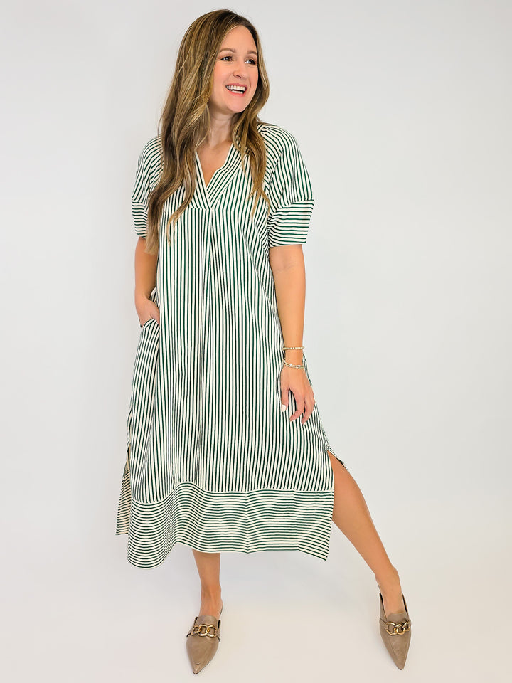 STRIPED TEXTURED MIDI DRESS - HEATHER GREEN