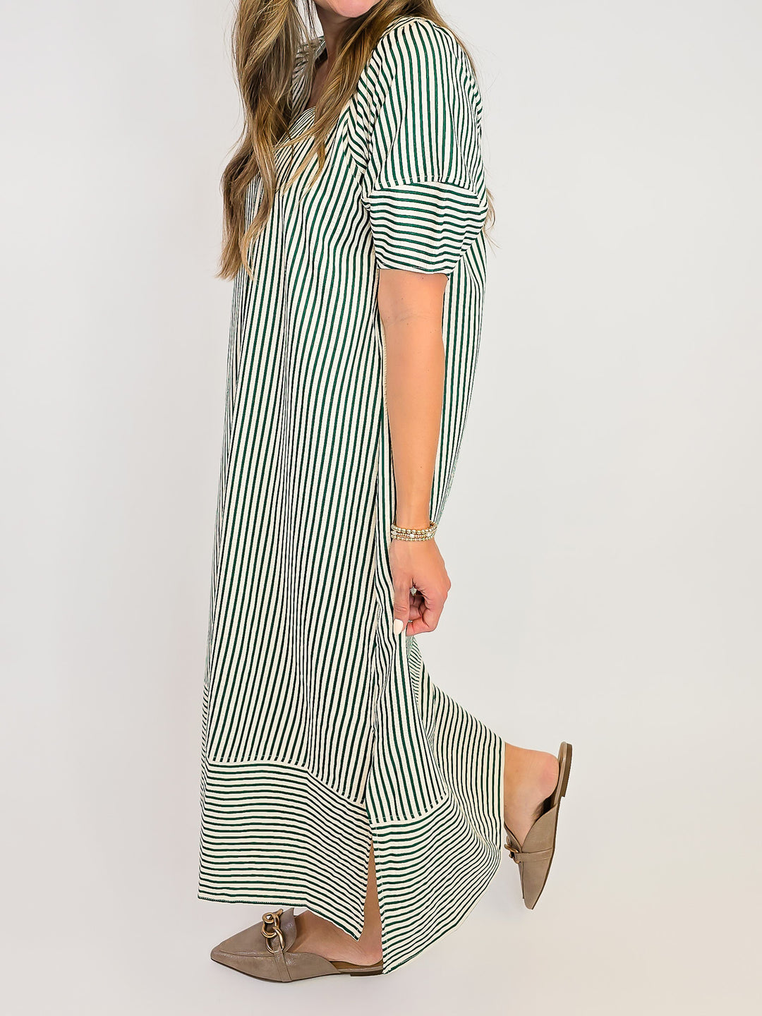 STRIPED TEXTURED MIDI DRESS - HEATHER GREEN
