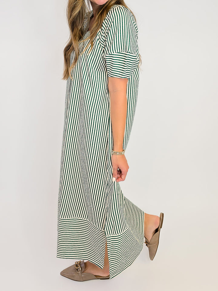 STRIPED TEXTURED MIDI DRESS - HEATHER GREEN
