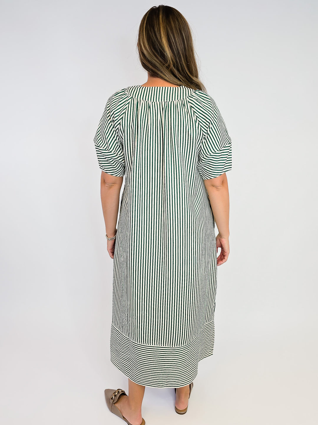 STRIPED TEXTURED MIDI DRESS - HEATHER GREEN