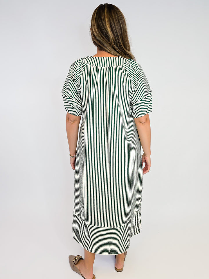 STRIPED TEXTURED MIDI DRESS - HEATHER GREEN