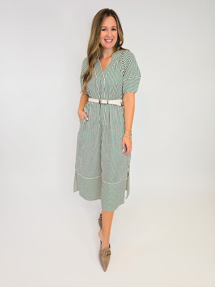 STRIPED TEXTURED MIDI DRESS - HEATHER GREEN