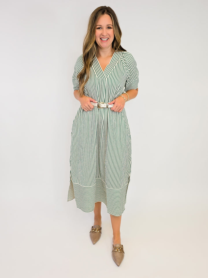 STRIPED TEXTURED MIDI DRESS - HEATHER GREEN