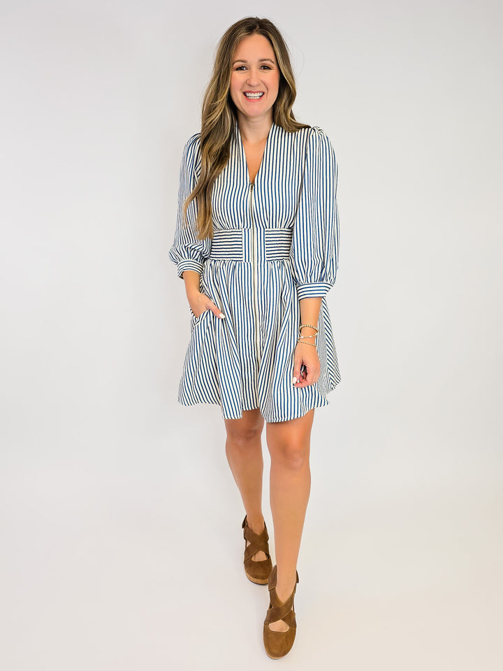 CINCH WAIST SHORT ZIPPER DRESS - INDIGO STRIPE