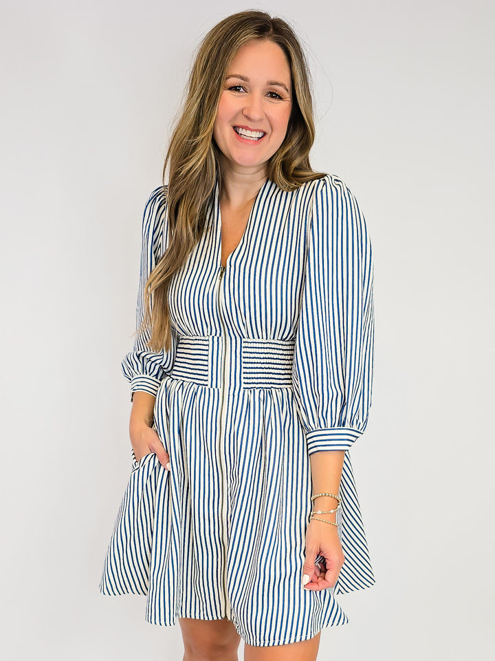 CINCH WAIST SHORT ZIPPER DRESS - INDIGO STRIPE