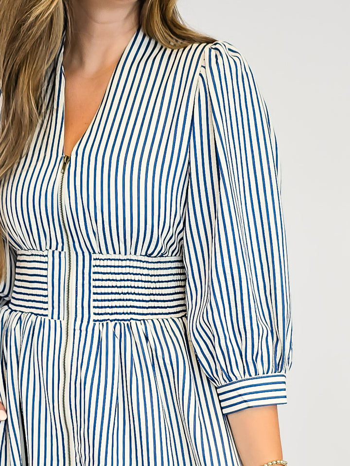 CINCH WAIST SHORT ZIPPER DRESS - INDIGO STRIPE