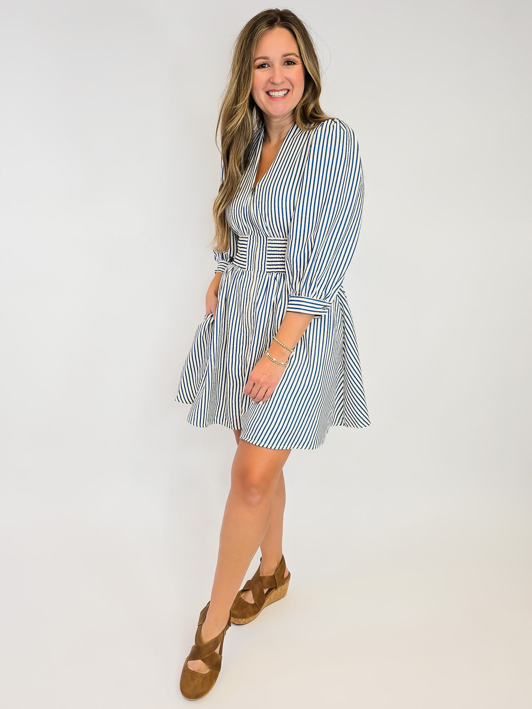 CINCH WAIST SHORT ZIPPER DRESS - INDIGO STRIPE