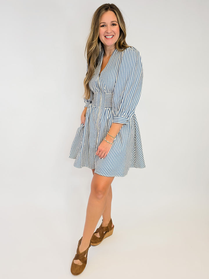 CINCH WAIST SHORT ZIPPER DRESS - INDIGO STRIPE
