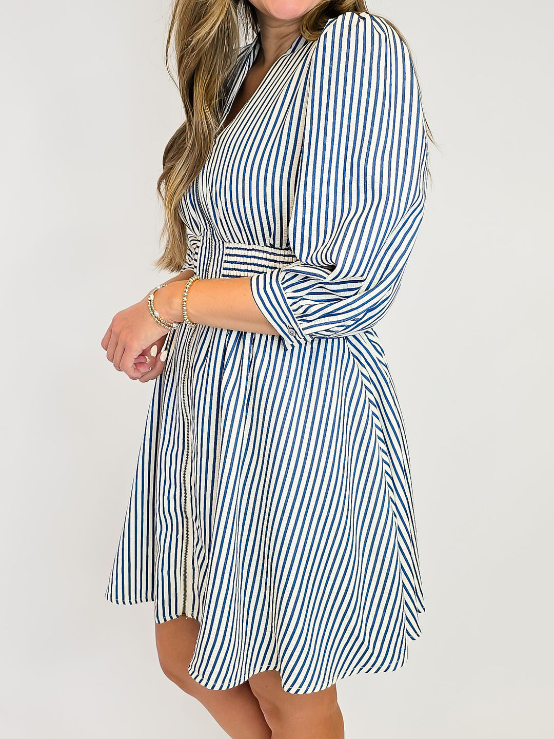 CINCH WAIST SHORT ZIPPER DRESS - INDIGO STRIPE