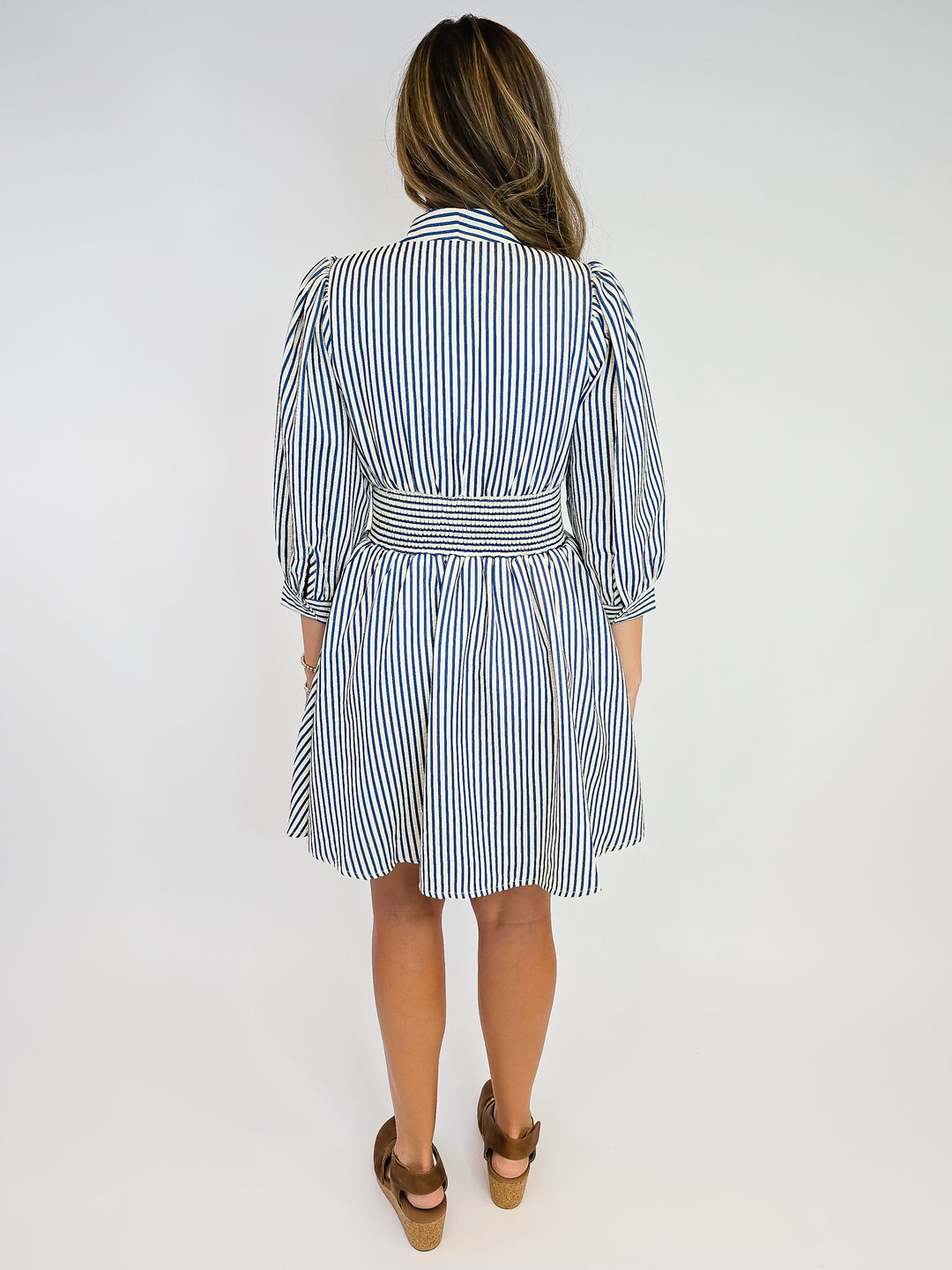 CINCH WAIST SHORT ZIPPER DRESS - INDIGO STRIPE