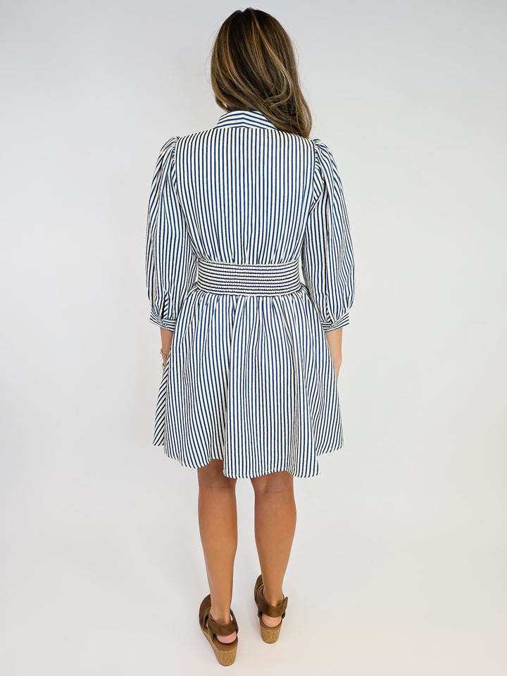 CINCH WAIST SHORT ZIPPER DRESS - INDIGO STRIPE