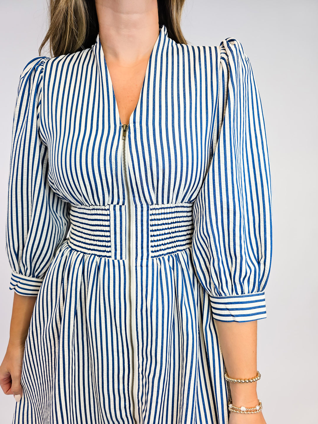 CINCH WAIST SHORT ZIPPER DRESS - INDIGO STRIPE