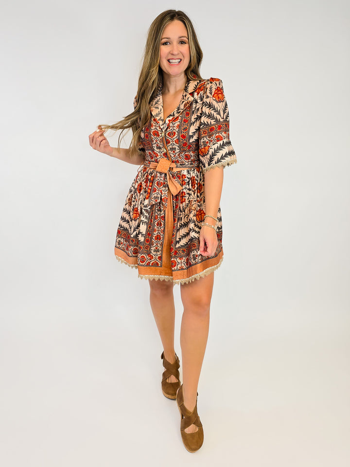 BOTANICAL PRINT SHORT PUFF SLEEVE SHORT DRESS - CHARCOAL/TAN