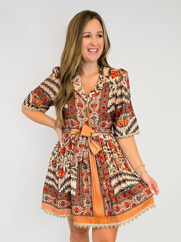 BOTANICAL PRINT SHORT PUFF SLEEVE SHORT DRESS - CHARCOAL/TAN