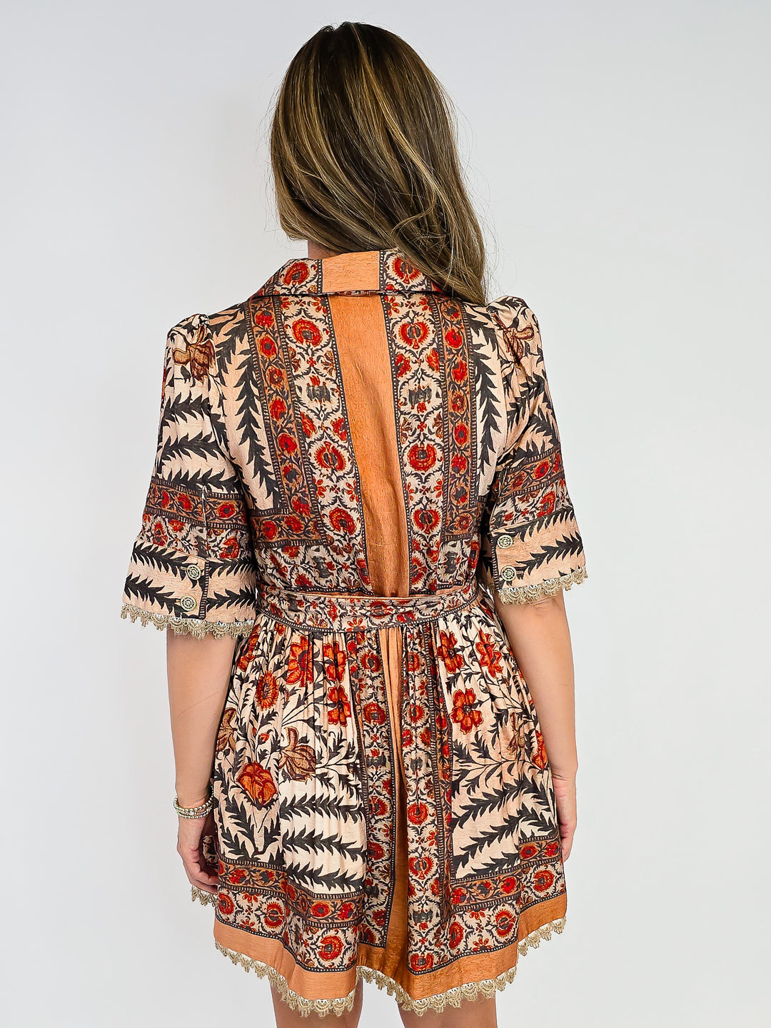 BOTANICAL PRINT SHORT PUFF SLEEVE SHORT DRESS - CHARCOAL/TAN