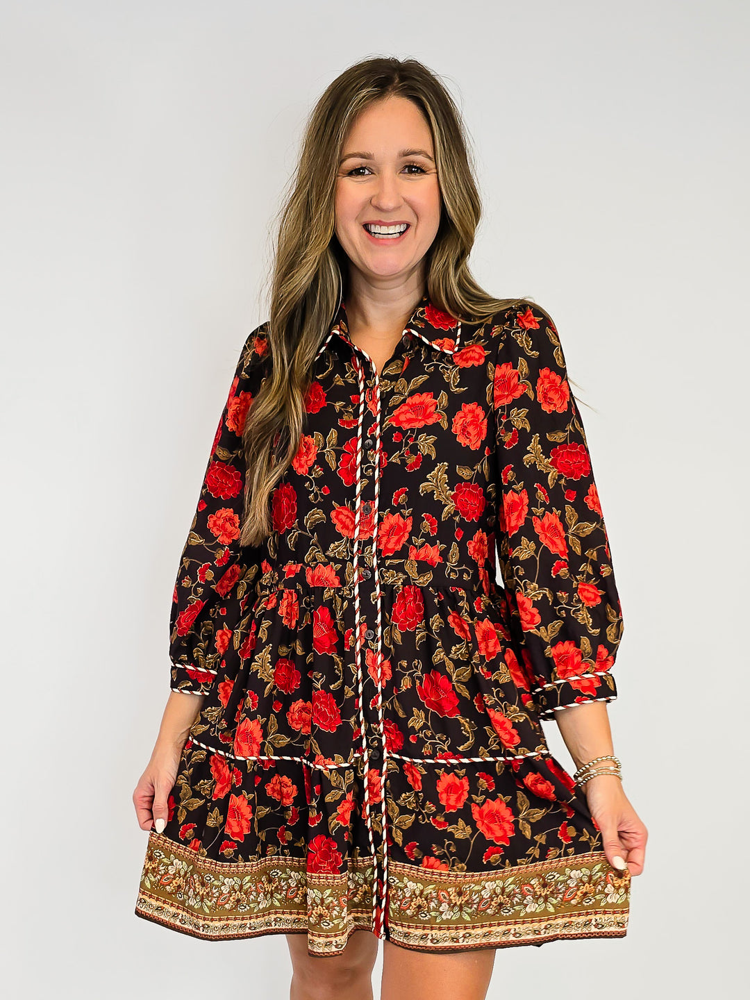 FLORAL MINI DRESS WITH COLLAR - BLACK/ORANGE
