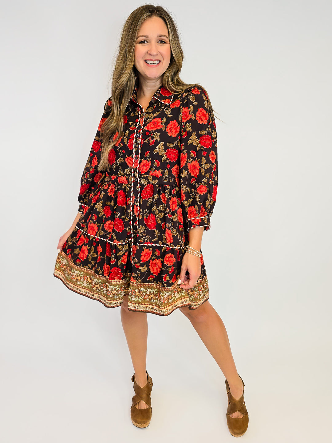 FLORAL MINI DRESS WITH COLLAR - BLACK/ORANGE