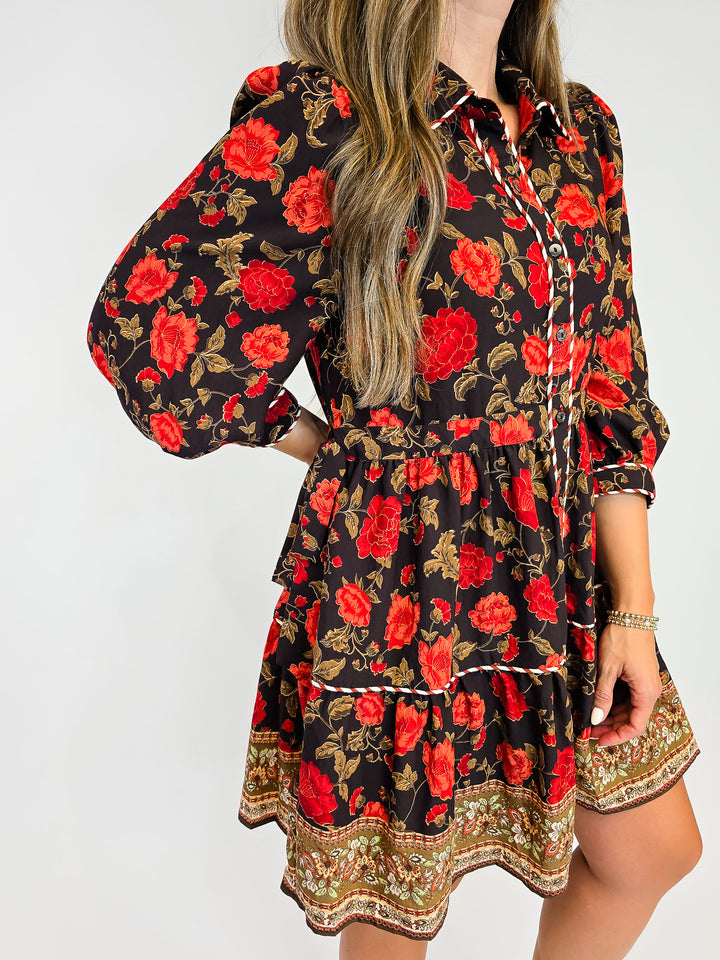 FLORAL MINI DRESS WITH COLLAR - BLACK/ORANGE