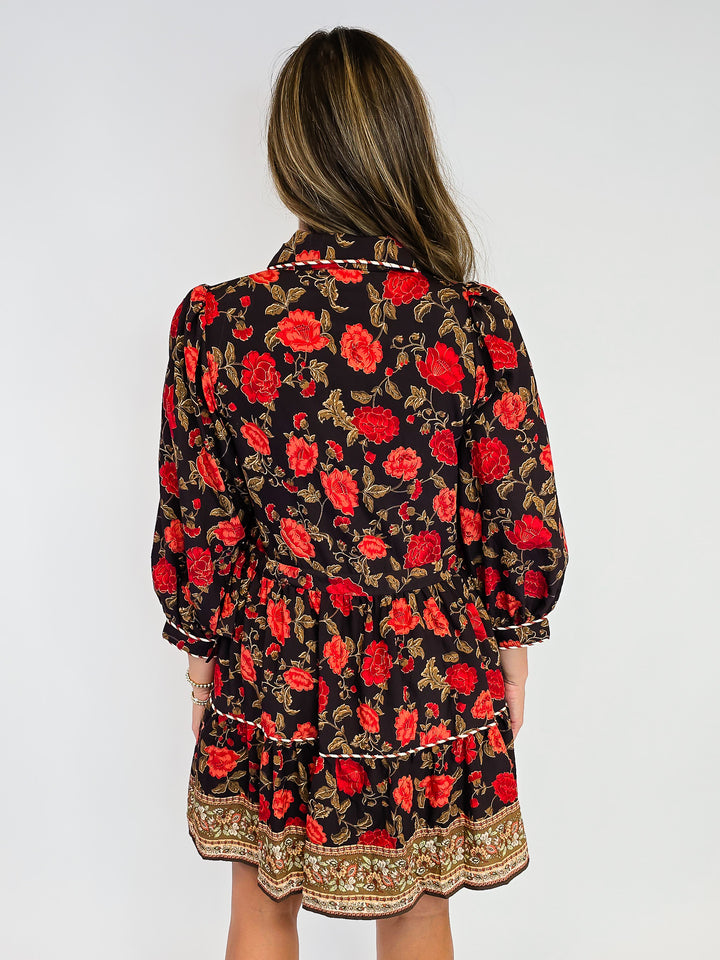 FLORAL MINI DRESS WITH COLLAR - BLACK/ORANGE