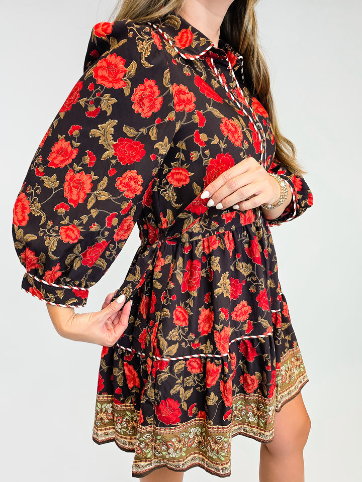 FLORAL MINI DRESS WITH COLLAR - BLACK/ORANGE
