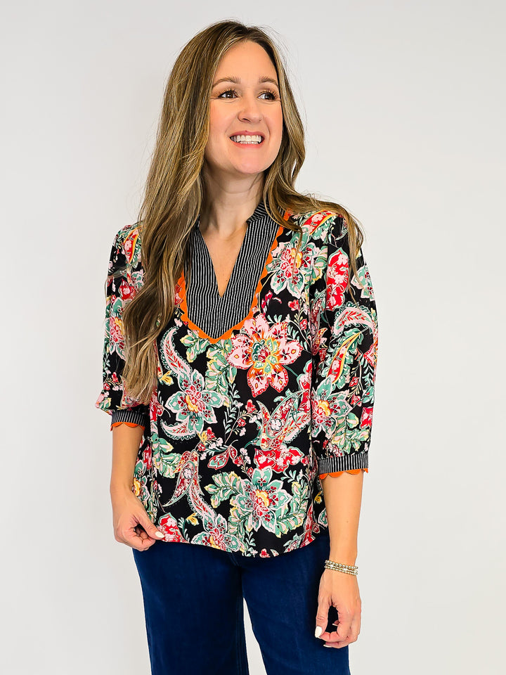 WAVY TRIM DETAILED FLORAL STRIPE MIXED TOP - BLACK