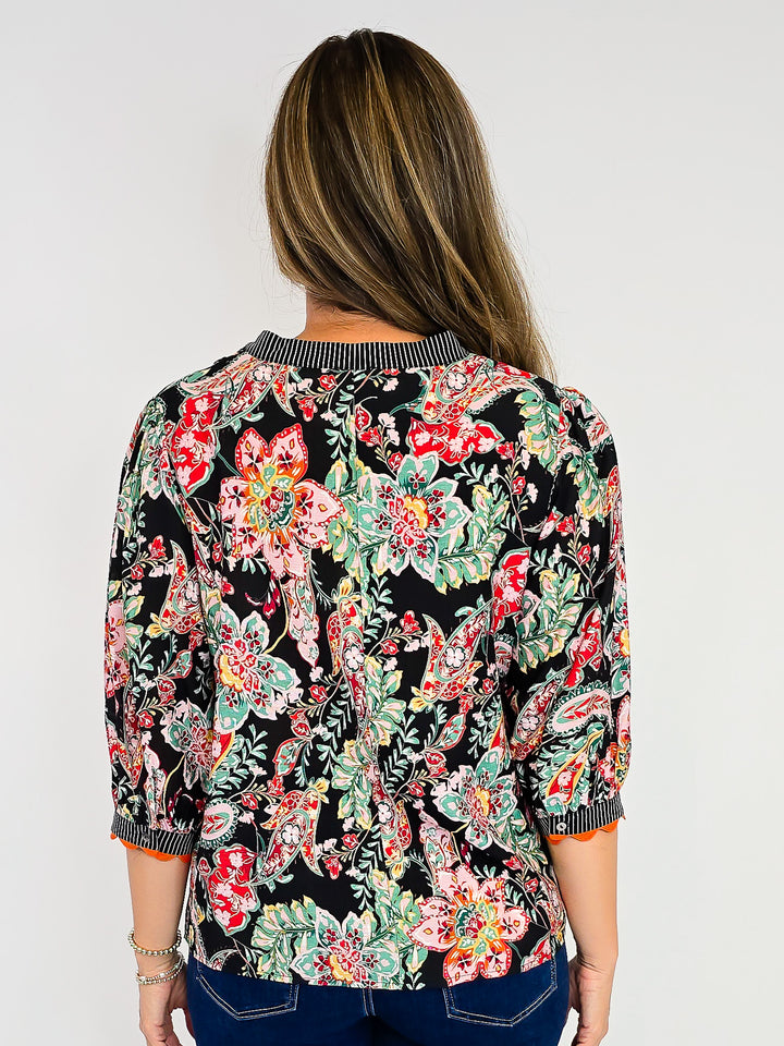 WAVY TRIM DETAILED FLORAL STRIPE MIXED TOP - BLACK