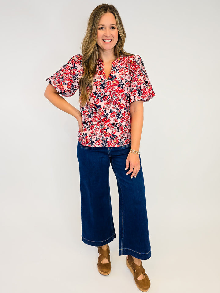 SHORT BUBBLE SLEEVE FLORAL JACQUARD TOP - RED