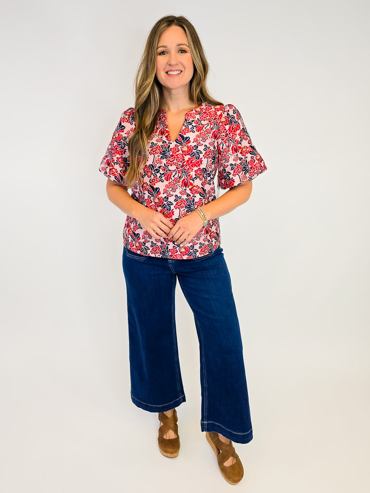 SHORT BUBBLE SLEEVE FLORAL JACQUARD TOP - RED