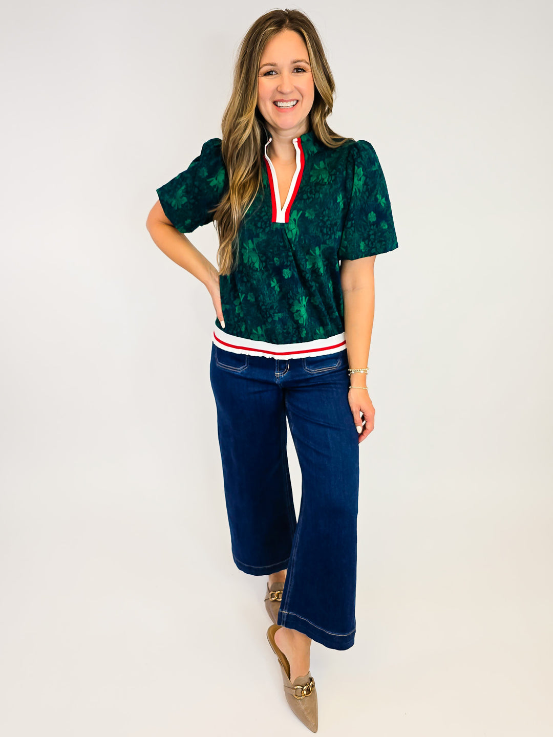 BUBBLE SLEEVE STRIPE RIBBED DETAIL FLORAL KNIT TOP - GREEN