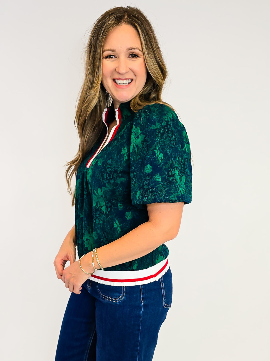 BUBBLE SLEEVE STRIPE RIBBED DETAIL FLORAL KNIT TOP - GREEN