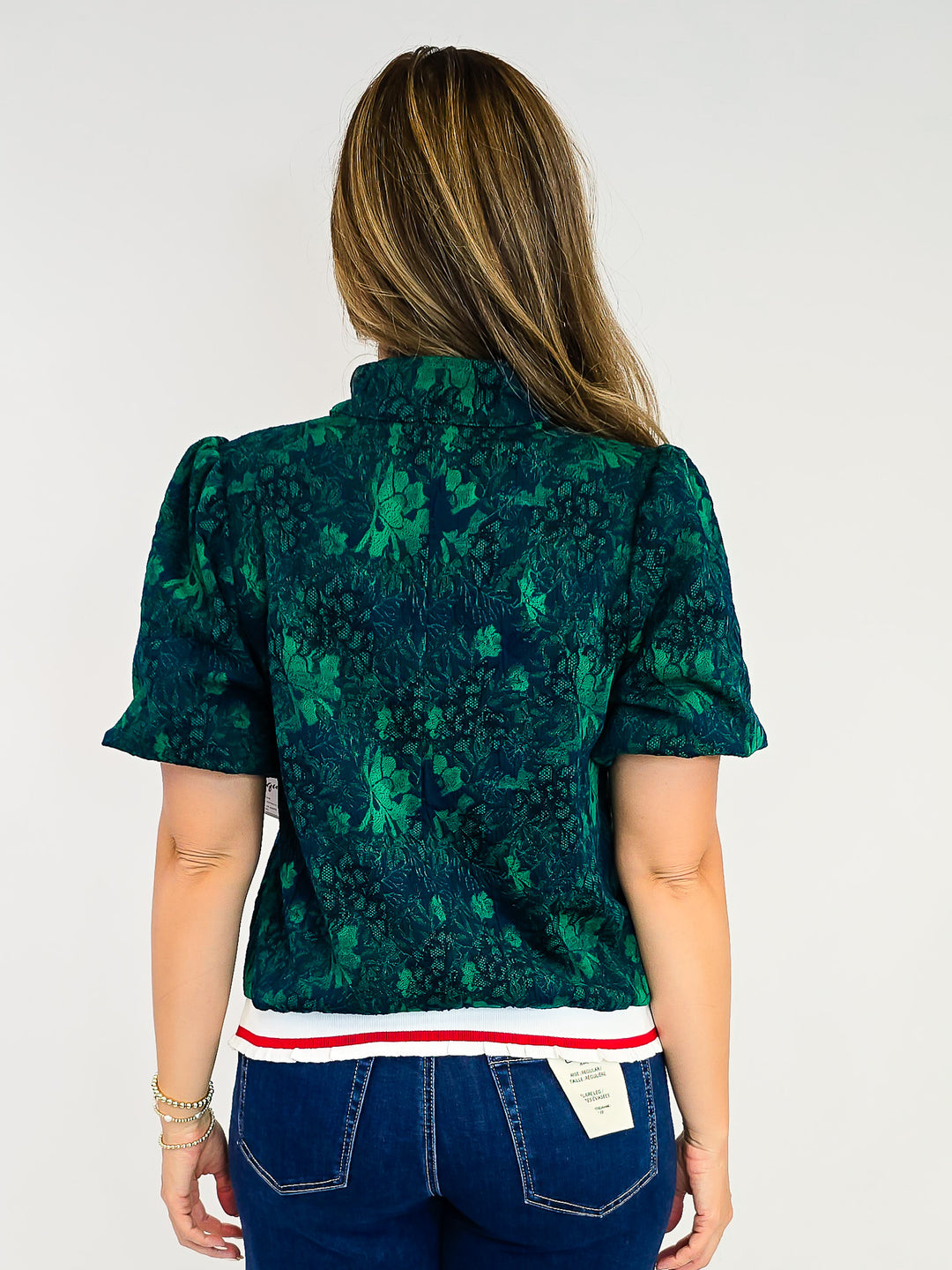 BUBBLE SLEEVE STRIPE RIBBED DETAIL FLORAL KNIT TOP - GREEN