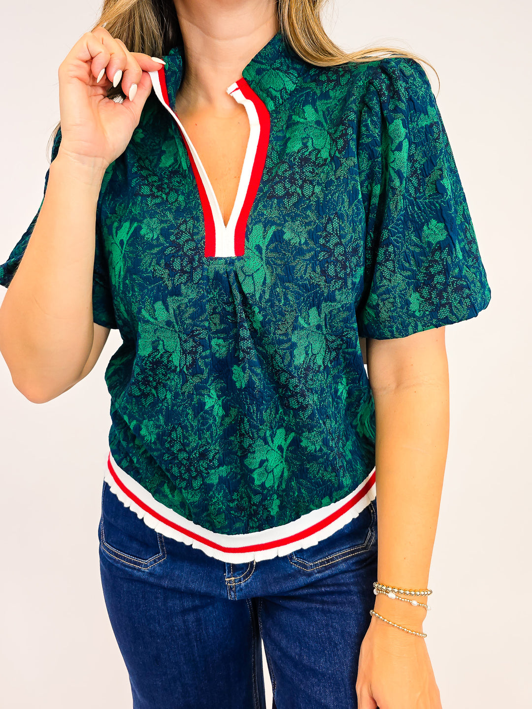 BUBBLE SLEEVE STRIPE RIBBED DETAIL FLORAL KNIT TOP - GREEN