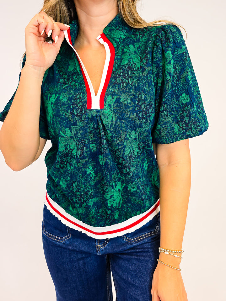 BUBBLE SLEEVE STRIPE RIBBED DETAIL FLORAL KNIT TOP - GREEN