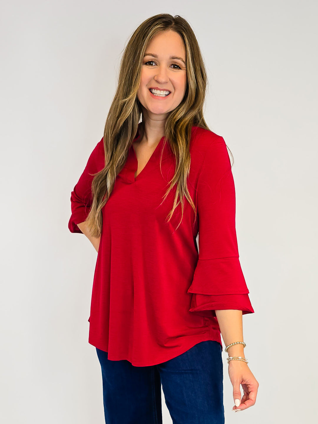 DEAR SCARLETT SOLID BELL SLEEVE LIZZY TOP - JEWEL RED