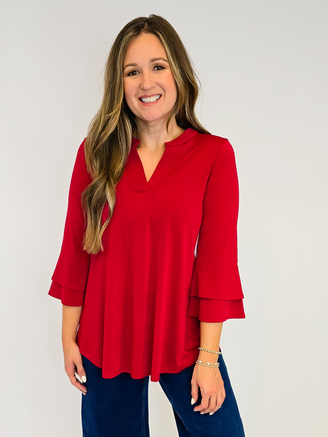 DEAR SCARLETT SOLID BELL SLEEVE LIZZY TOP - JEWEL RED