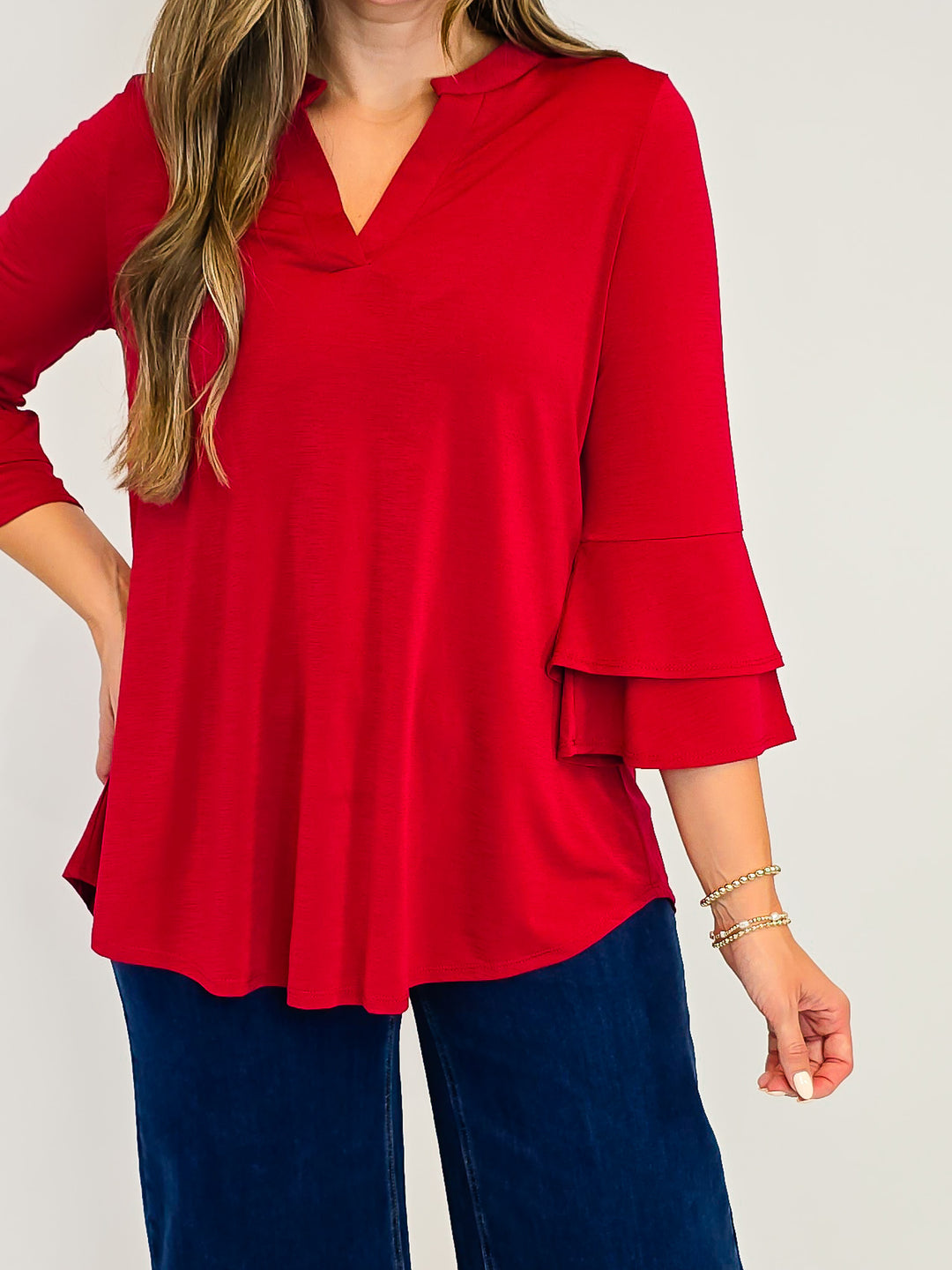 DEAR SCARLETT SOLID BELL SLEEVE LIZZY TOP - JEWEL RED