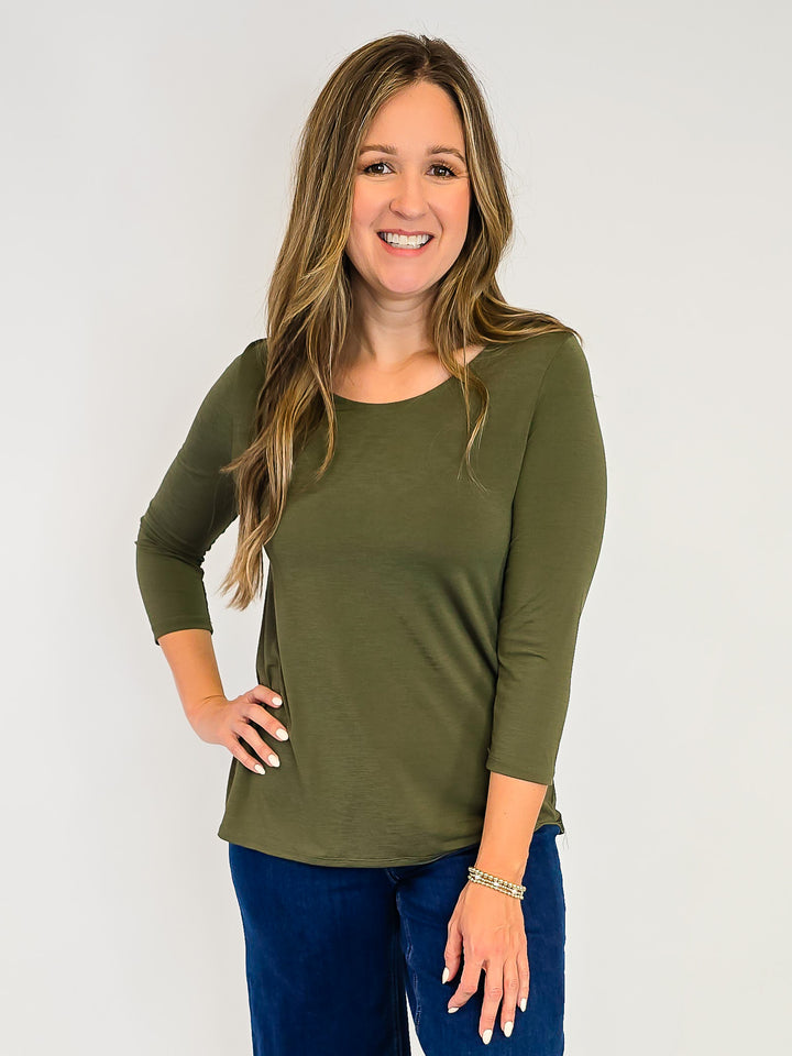 DEAR SCARLETT ROUND NECK 3/4 SLEEVE TOP - OLIVE