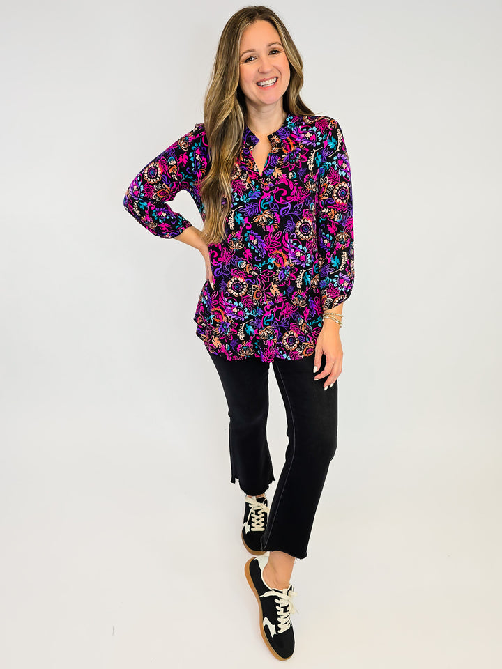 DEAR SCARLETT LIZZY 3/4 SLEEVE TOP - FLORAL PAISLEY FUCHSIA/BLACK