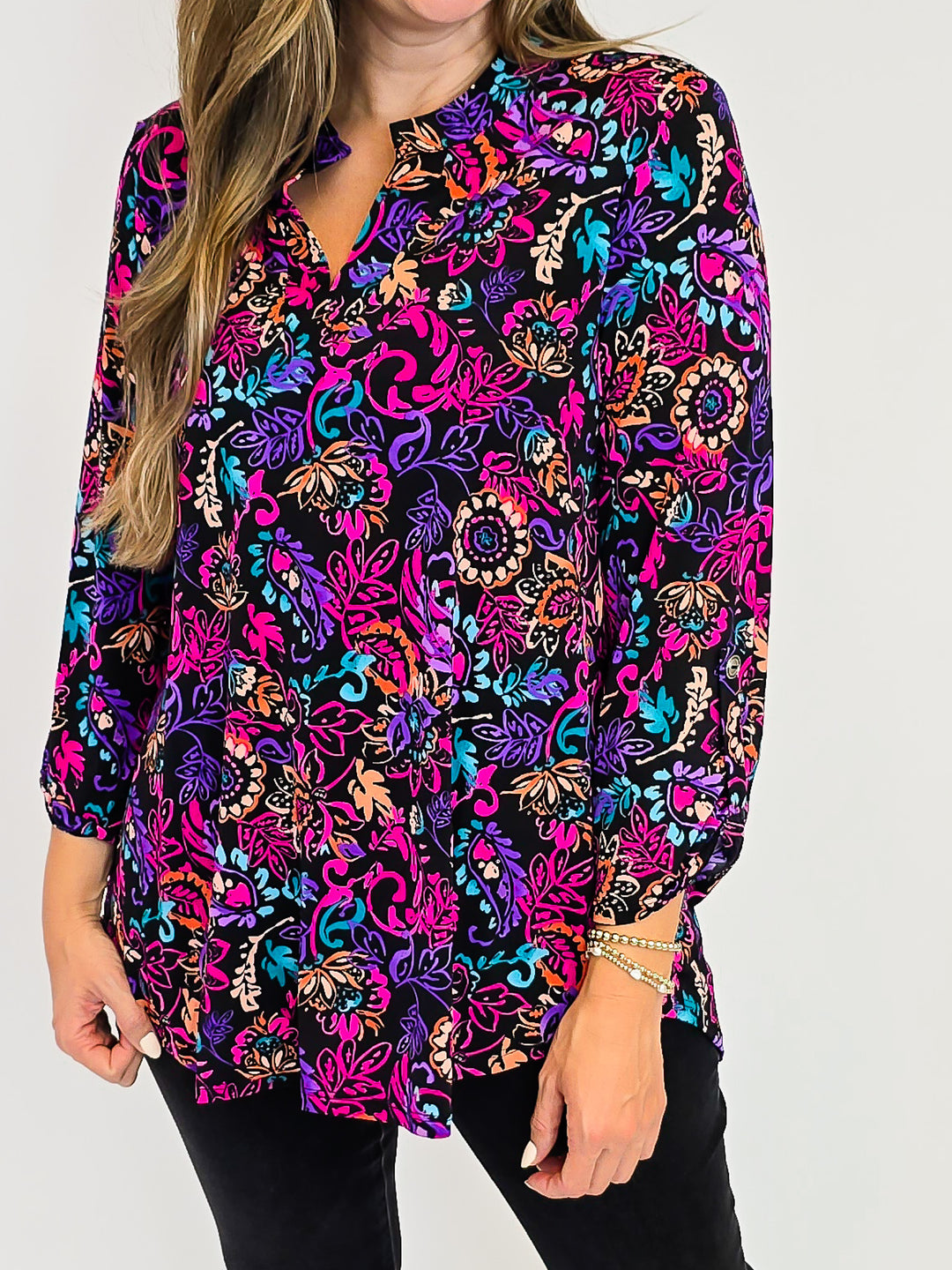 DEAR SCARLETT LIZZY 3/4 SLEEVE TOP - FLORAL PAISLEY FUCHSIA/BLACK