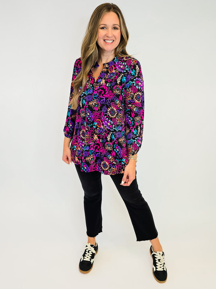 DEAR SCARLETT LIZZY 3/4 SLEEVE TOP - FLORAL PAISLEY FUCHSIA/BLACK