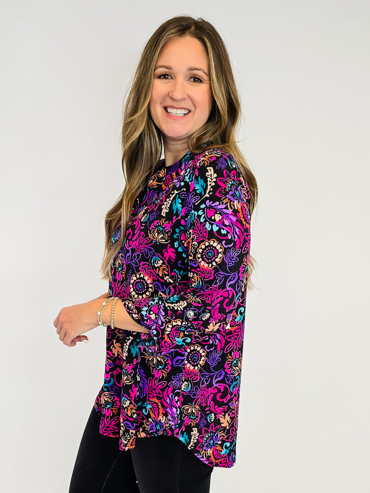 DEAR SCARLETT LIZZY 3/4 SLEEVE TOP - FLORAL PAISLEY FUCHSIA/BLACK