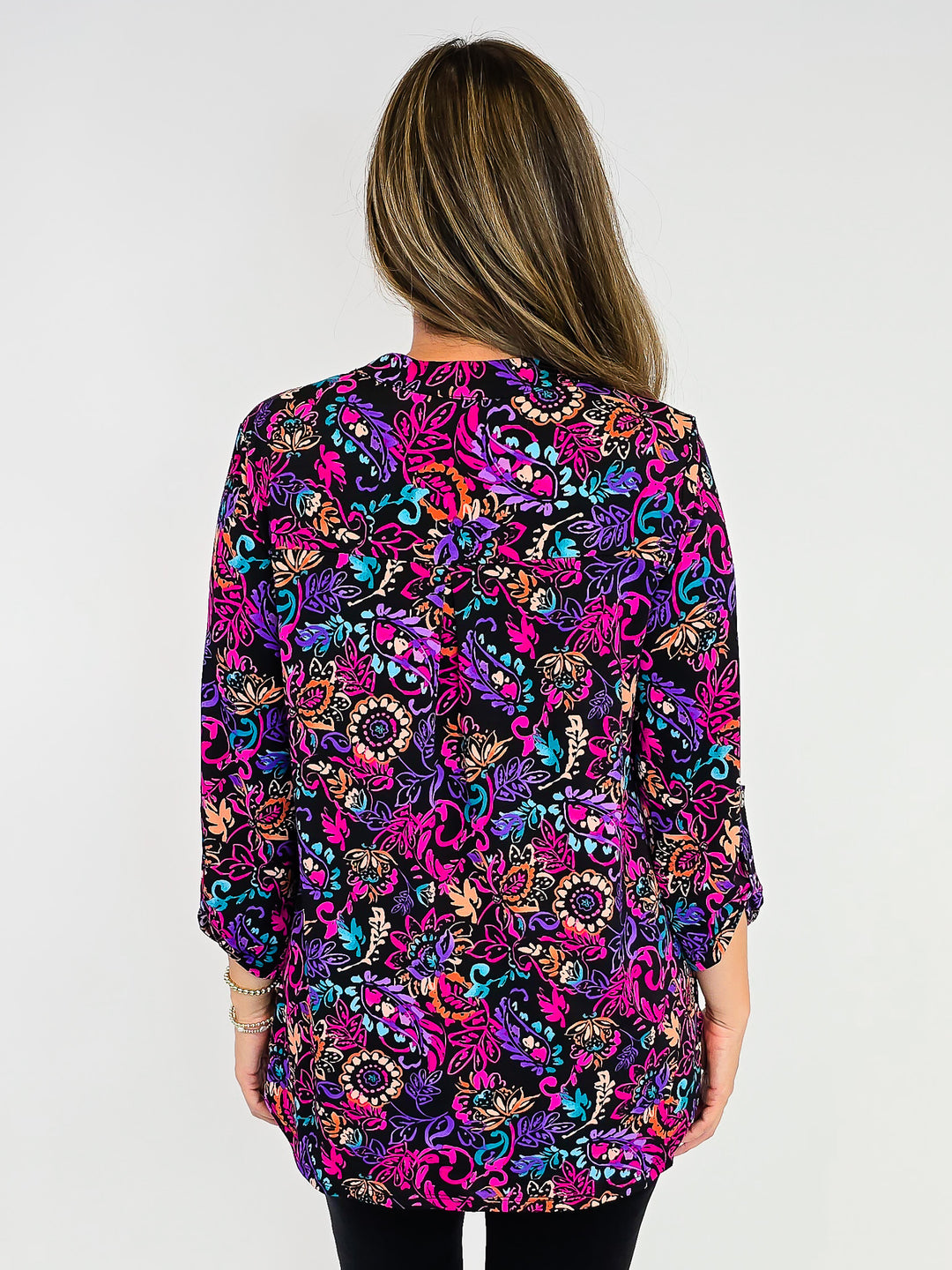 DEAR SCARLETT LIZZY 3/4 SLEEVE TOP - FLORAL PAISLEY FUCHSIA/BLACK