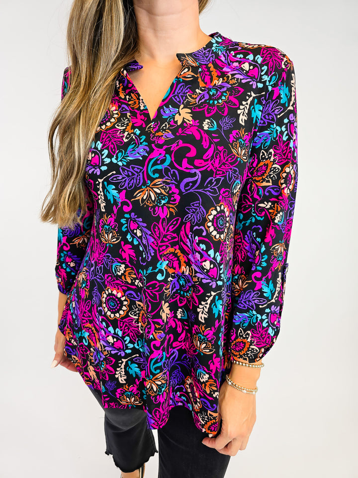 DEAR SCARLETT LIZZY 3/4 SLEEVE TOP - FLORAL PAISLEY FUCHSIA/BLACK